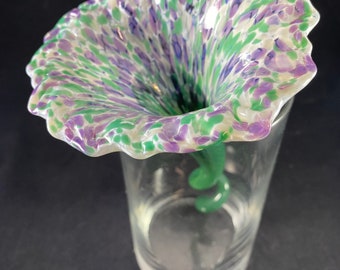 Handmade Multicolored White Purple Turquoise Speckled  Glass Flower with Green Stem