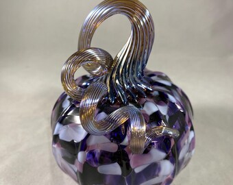 Blown Glass Pumpkin: Small Purple Mixed Speckled with Iridescent Purple Optic Curly  Stem