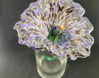 Handmade Purple and Black Speckled Glass Flower with Green Stem