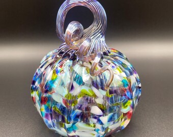 Wildflower Multicolor Mix Speckled Blown Glass Pumpkin with Iridescent Purple Optic Curly Stem