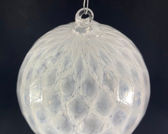 Snow White Speckled Diamond Optic Patterned Hand Blown Glass Ornament