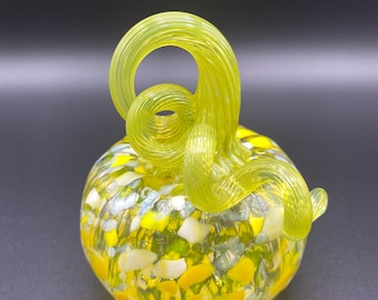 Petite Speckled Yellow Mix Multicolored Blown Glass Pumpkin With Greenish Yellow Stem