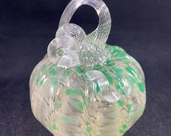 Tan and Jade Green Blown Glass Pumpkin with Clear Transparent Curly Stem