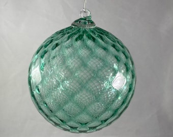 Transparent Emerald Green Diamond Optic Patterned Hand Blown Glass Ornament