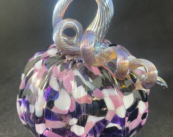 Blown Glass Pumpkin 2: Purple Mixed Speckled with Iridescent Purple Optic Curly  Stem