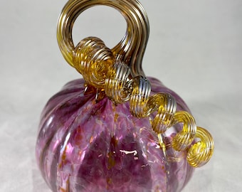 Pink Purple Speckled Blown Glass Pumpkin with Gold Speckles and Gold Iridescent Optic Curly  Stem