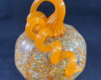 Orange and Tan Multicolored Speckled Blown Glass Pumpkin With Orange Curly Stem