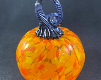 Iridescent Silvery Black and Speckled Orange Blown Glass Pumpkin