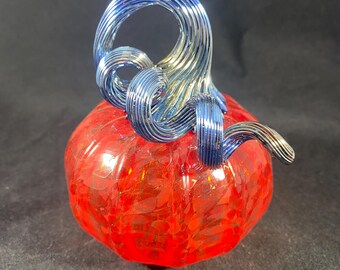 Transparent Deep Red Blown Glass Pumpkin with Iridescent Silver Optic Curly Stem