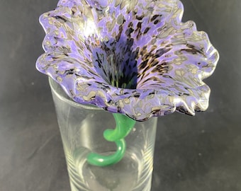 Handmade Purple and Metallic Black Speckled Glass Flower with Green Stem