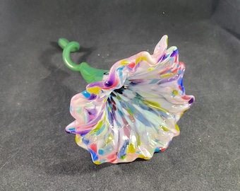 Handmade Multicolored Speckled Glass Flower with Green Stem