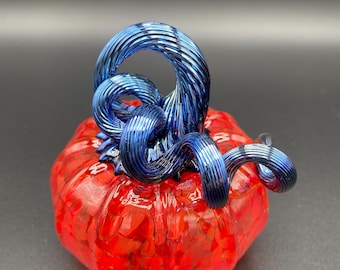 Transparent Red Blown Glass Pumpkin with Iridescent Black Optic Curly Stem