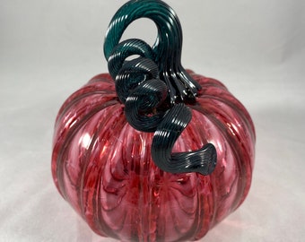 Gold Ruby Pink Speckled Blown Glass Pumpkin with Dark Lagoon Teal Optic Curly Stem