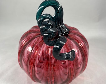 Gold Ruby Pink Speckled Blown Glass Pumpkin with Dark Lagoon Teal Optic Curly Stem