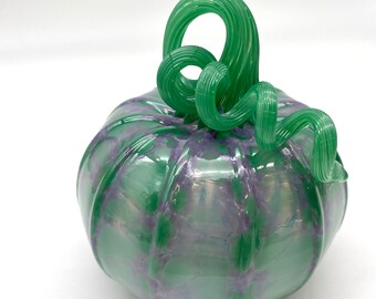 Blown Glass Pumpkin: Purple and Jade Green Speckled Decor