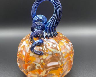 Blown Glass Pumpkin: Speckled Orange Sparkly Mix, Iridescent Blue-Black Curly Stem