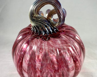 Pink Gold Ruby Speckled Blown Glass Pumpkin with Red Lustre Iridescent Optic Curly  Stem