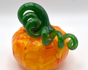 Petite Speckled Orange Mix Multicolored Blown Glass Pumpkin With Opaque Green Stem
