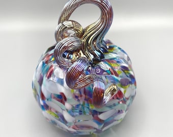 Wildflower Multicolor Mix Speckled Blown Glass Pumpkin with Iridescent Gold Optic Curly Stem