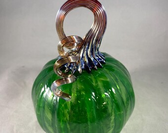 Translucent Bright Green Speckled Blown Glass Pumpkin With Iridescent Gold Silver Curly Stem