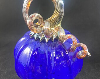 Blown Glass Pumpkin: Cobalt Blue With Iridescent Gold Curly Optic Stem
