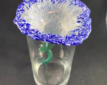 Handmade White and Cobalt Blue Speckled Glass Flower with Green Stem