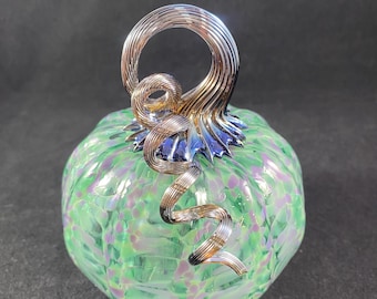 Purple-Green Speckled Blown Glass Pumpkin with Purple Iridescent Curly Stem