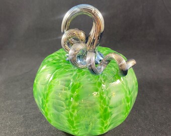 Blown Glass Pumpkin: Green Speckled With Iridescent Black Silver Curly Stem