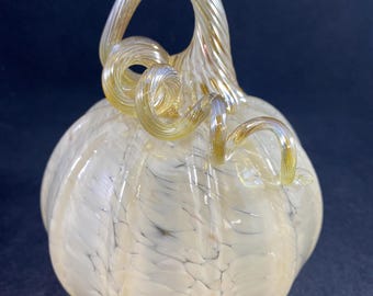 Light Beige and Iridescent Gold Stem Blown Glass Pumpkin