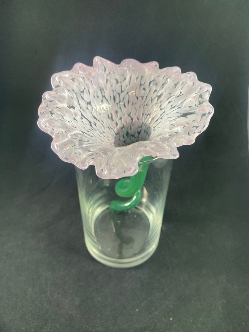 Handmade Blush Pink speckled Glass Flower with Green Stem image 1