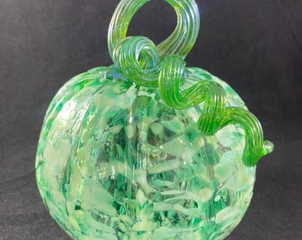 Multicolored Green Speckled Blown Glass Pumpkin With Iridescent Green Silver Curly Stem