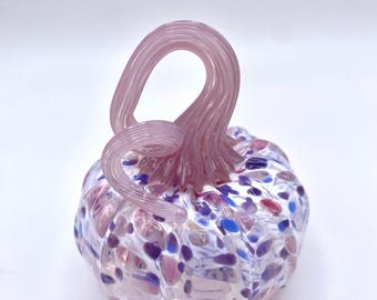 Petite Speckled White Pink Purple Mix Multicolored Blown Glass Pumpkin With Lavender Pink Stem