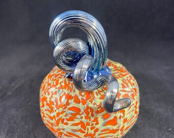 Blown Glass Pumpkin: Speckled Orange, Iridescent Blue Curly Stem Fall Decor