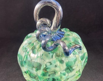 Green Mixed Speckled Blown Glass Pumpkin With Iridescent Black Silver Curly Stem