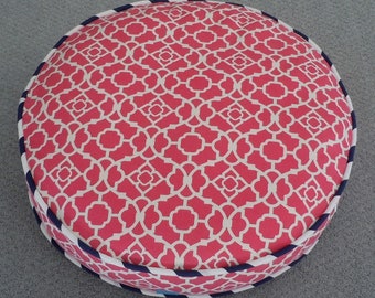 Round Pillow Cat Bed in Coral Pink Geometric Print with Navy and White Stripe Piping