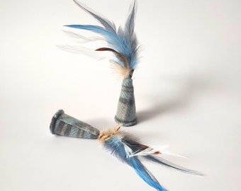 Catnip Cat Toy Light Blue and Gray Plaid Party Hat with Feathers