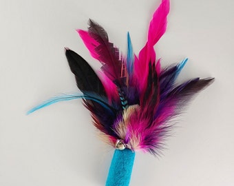 Cat Toy Large Size Turquoise Blue Feather Flier with Catnip and Bell