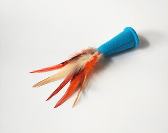 Catnip Cat Toy Turquoise Fleece Party Hat Toy with Orange Feathers