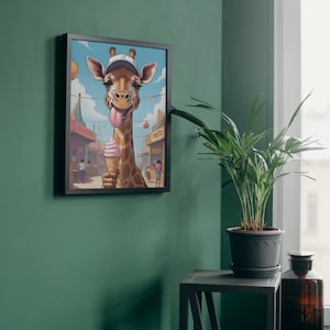 Poster Giraffe with Ice Cream - Funny Animal Poster - Humorous Animal Illustration as Modern Wall Art