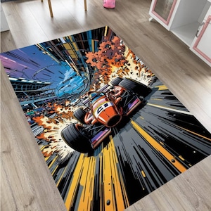 Red Race Car Rug: Washable Non-Slip Kids Playroom Carpet