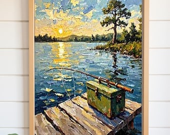 Fishing pole tackle box PRINTABLE wall art  Rustic dock oil painting style Digital download decor Gift for fishermen Grandpa birthday idea