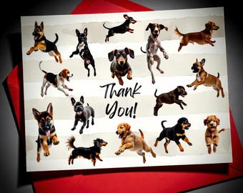 Happy dogs card Frenchie Dachshund Shepherd Personalized name PRINTABLE card Watercolor stripe style Pet sitter thank you Digital download