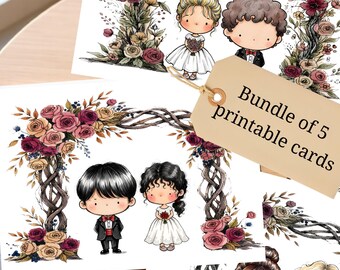 Watercolor & ink style wedding card bundle 5 PRINTABLE 5x7 greeting cards instant digital download stationery DIY party needs customizable