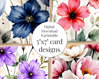 Watercolor floral all occasion card bundle 8 PRINTABLE 5x7 greeting cards instant digital download stationery DIY party needs Birthday cards
