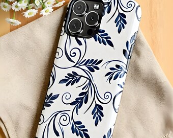 iPhone case Protective MagSafe cover Blue handpainted puebla pottery style floral leaves & vines Pretty gift for women Dual-layer for 13-17
