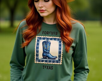 Cowboy boot postage stamp T-shirt gift for cowgirl concert, bonfire & rodeo OOTD country style Customizable cotton unisex long sleeve tee