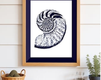 Nautilus seashell wall art Vintage coastal ocean décor Beachy sea life design with Navy blue border Printable INSTANT DIGITAL DOWNLOAD Gift