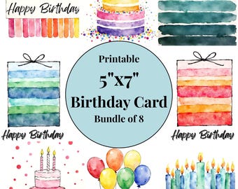 Watercolor style birthday card bundle Instant digital download PRINTABLE stationery set DIY party needs 12   5”x7” Greeting cards for gift