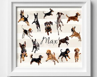 Happy dogs PRINTABLE wall art Frenchie Dachshund Shepherd Poodle Personalized name custom pet décor Watercolor stripe Digital download