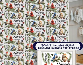 Custom Minky Blanket with baby birds owl cardinal Personalized name soft plush throw Cozy woodland forest nursery shower Kid snuggle BONUS